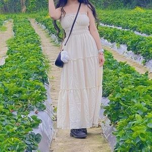 Smocked Crinkle Maxi Dress, White dress for summer style or beach style